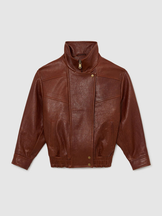 Textured Leather Oversized Jacket in Chestnut Brown