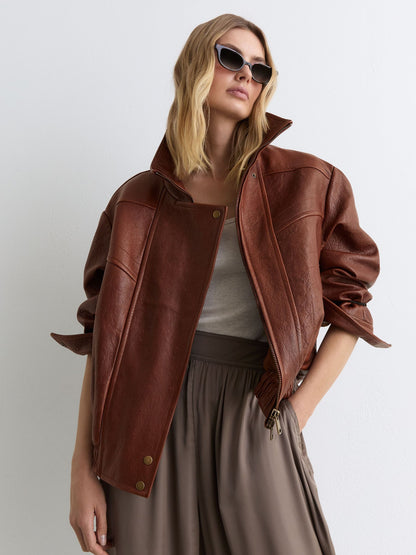 Textured Leather Oversized Jacket in Chestnut Brown