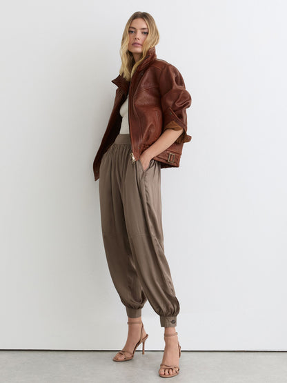 Textured Leather Oversized Jacket in Chestnut Brown