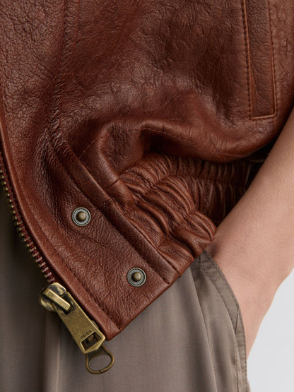 Textured Leather Oversized Jacket in Chestnut Brown