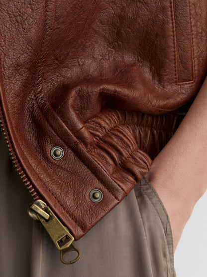 Textured Leather Oversized Jacket in Chestnut Brown