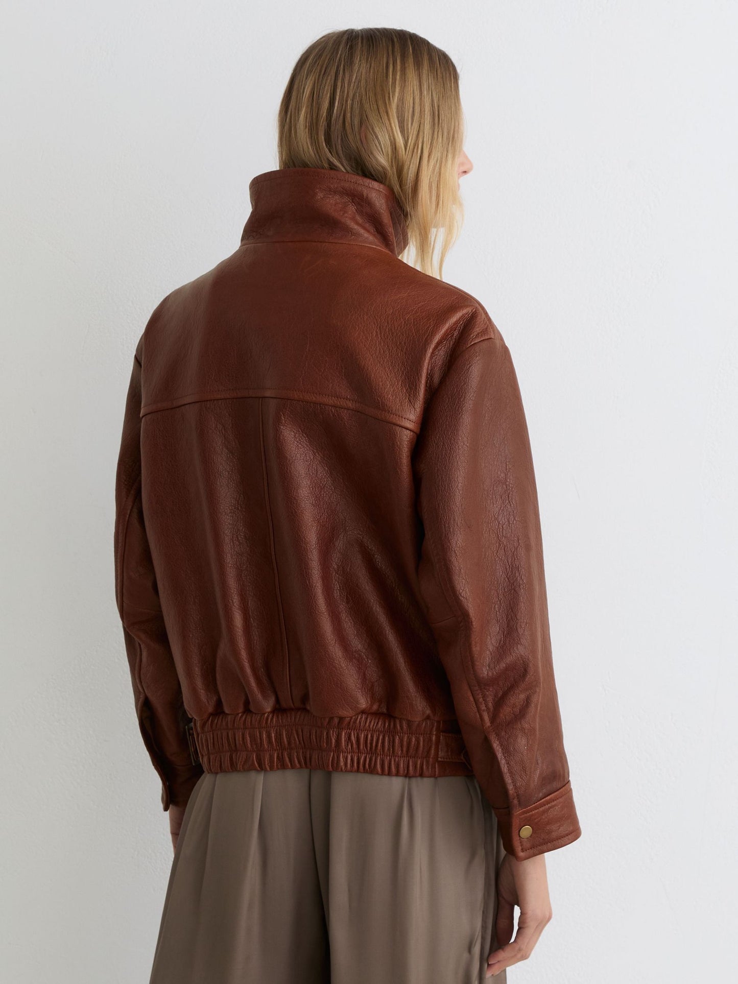 Textured Leather Oversized Jacket in Chestnut Brown