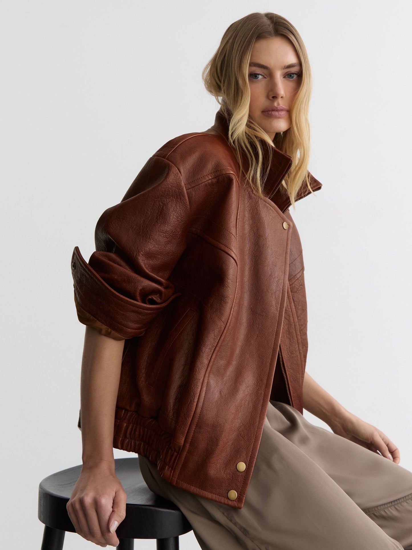 Textured Leather Oversized Jacket in Chestnut Brown