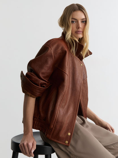 Textured Leather Oversized Jacket in Chestnut Brown