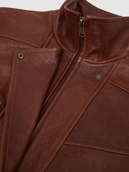 Textured Leather Oversized Jacket in Chestnut Brown