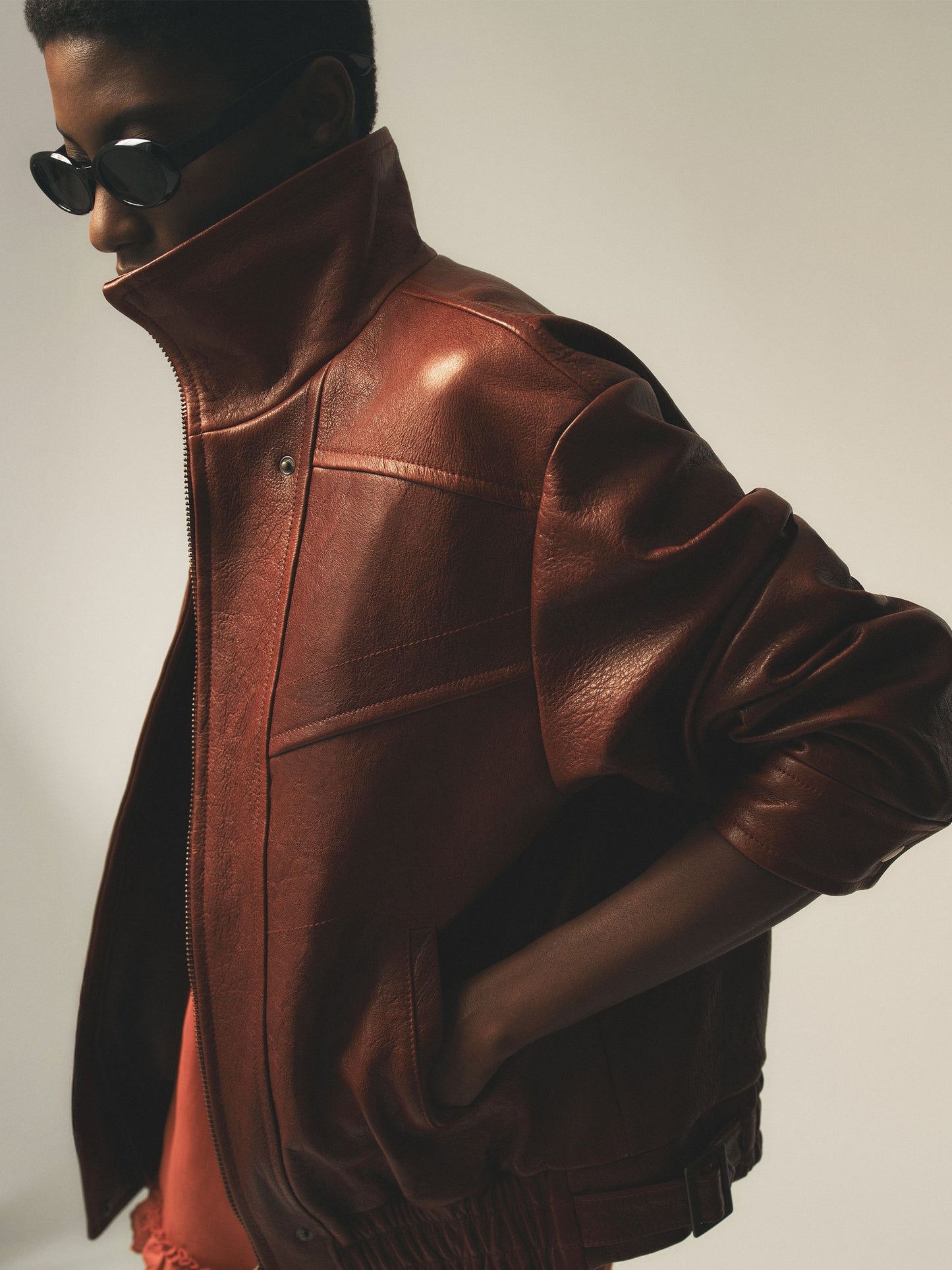 Textured Leather Oversized Jacket in Chestnut Brown