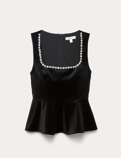 Velvet Embellished Detail Fitted Peplum Top