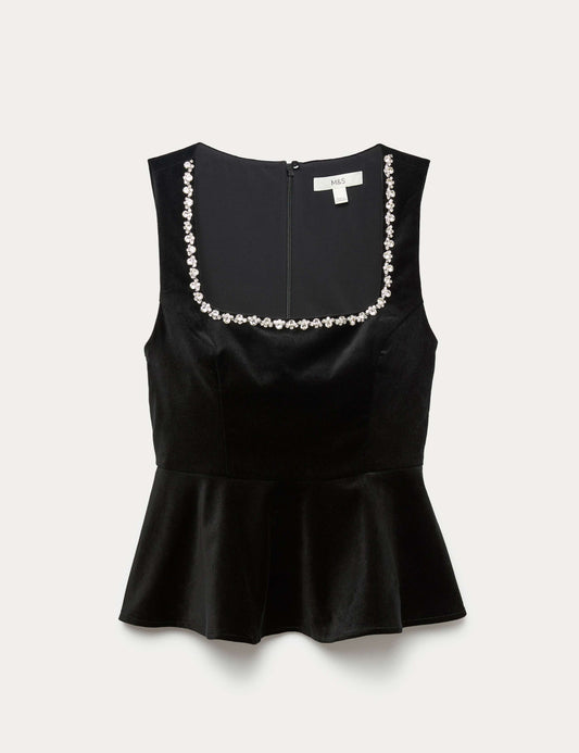 Velvet Embellished Detail Fitted Peplum Top