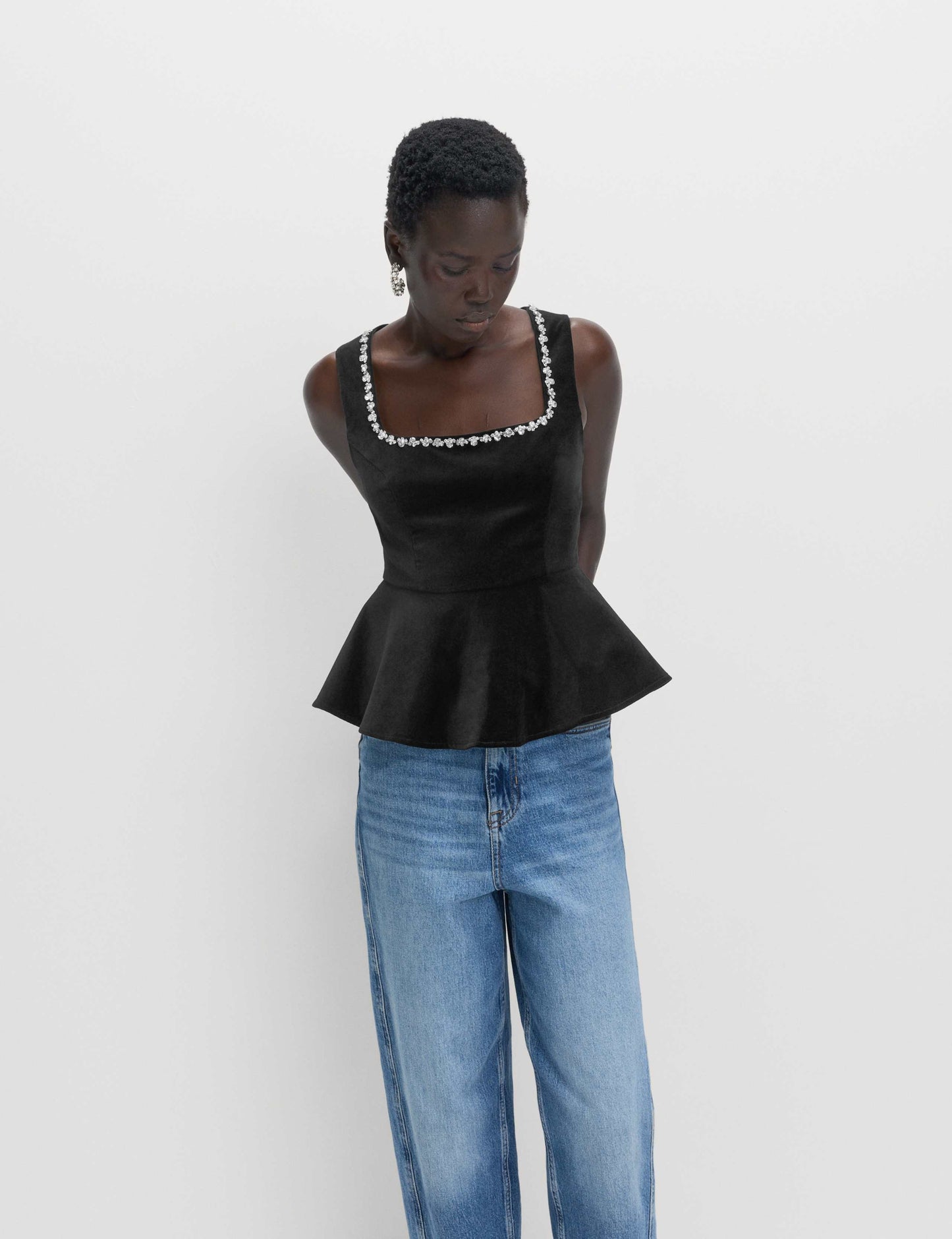 Velvet Embellished Detail Fitted Peplum Top