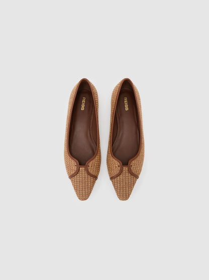 Raffia-Effect Pointed-Toe Ballerina Shoes in Natural