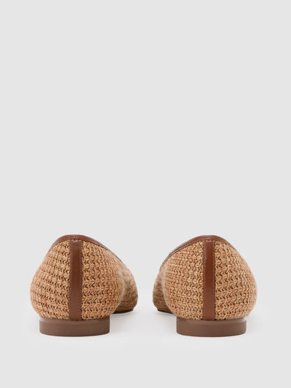 Raffia-Effect Pointed-Toe Ballerina Shoes in Natural