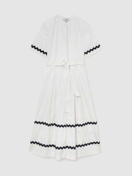 Stretch-Cotton Wave-Trim Midi Dress in Ivory/Navy