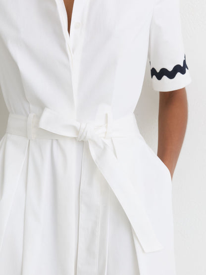 Stretch-Cotton Wave-Trim Midi Dress in Ivory/Navy
