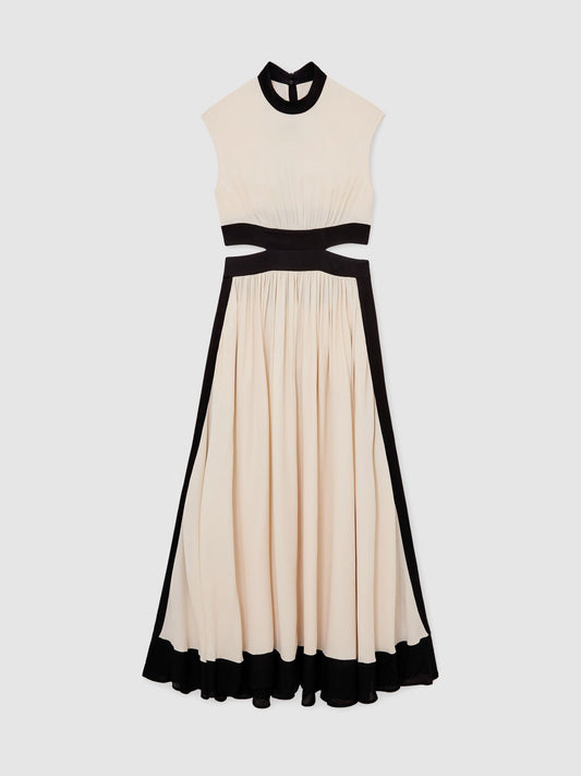 Cut-Out Waist Contrasting Maxi Dress in Ivory/Black