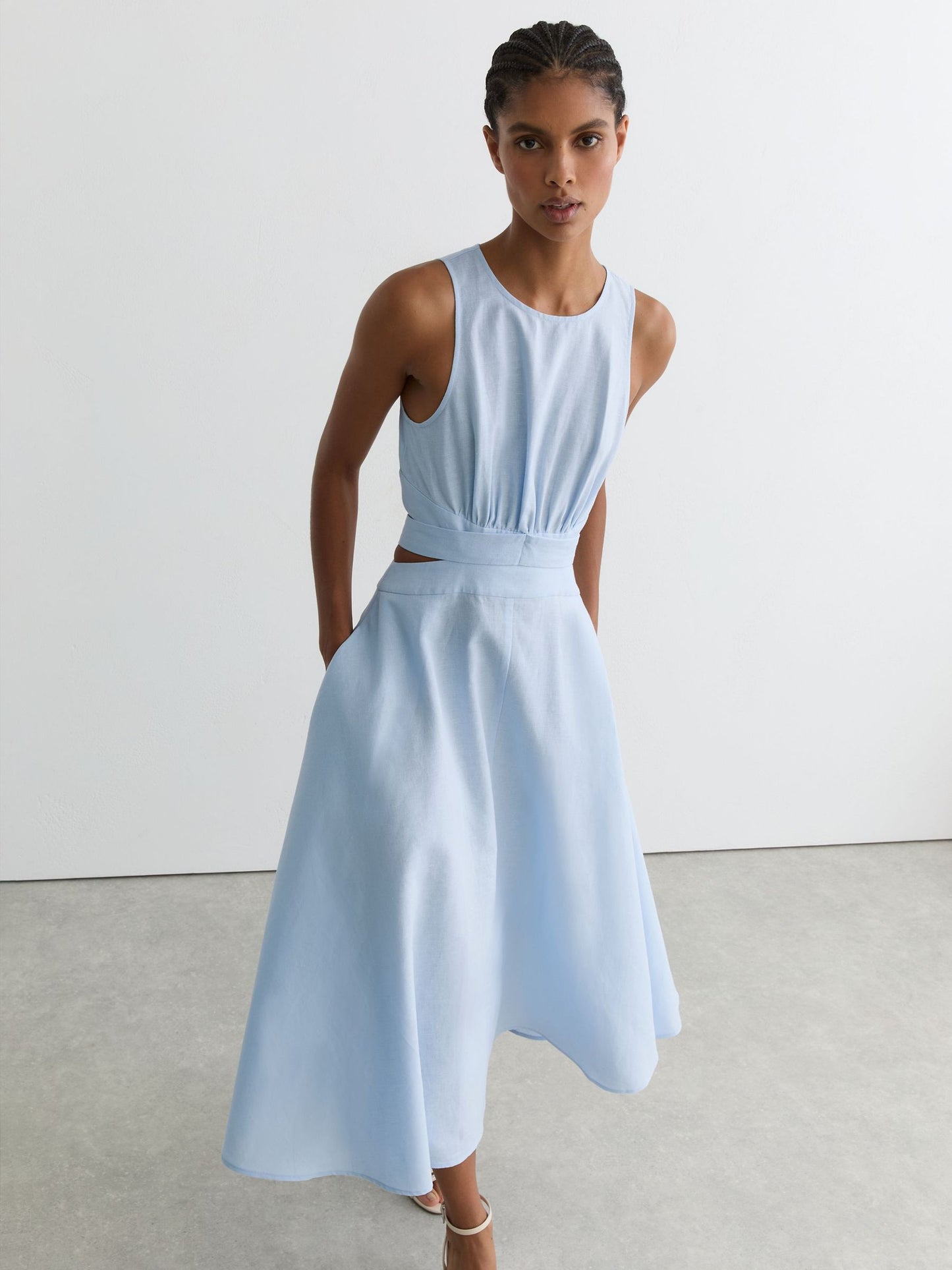 Linen-Cotton Cut-Out Midi Dress in Blue
