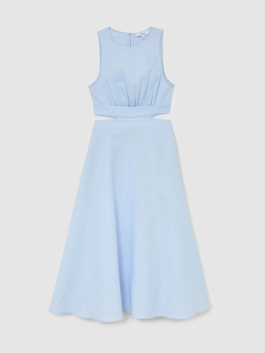 Linen-Cotton Cut-Out Midi Dress in Blue