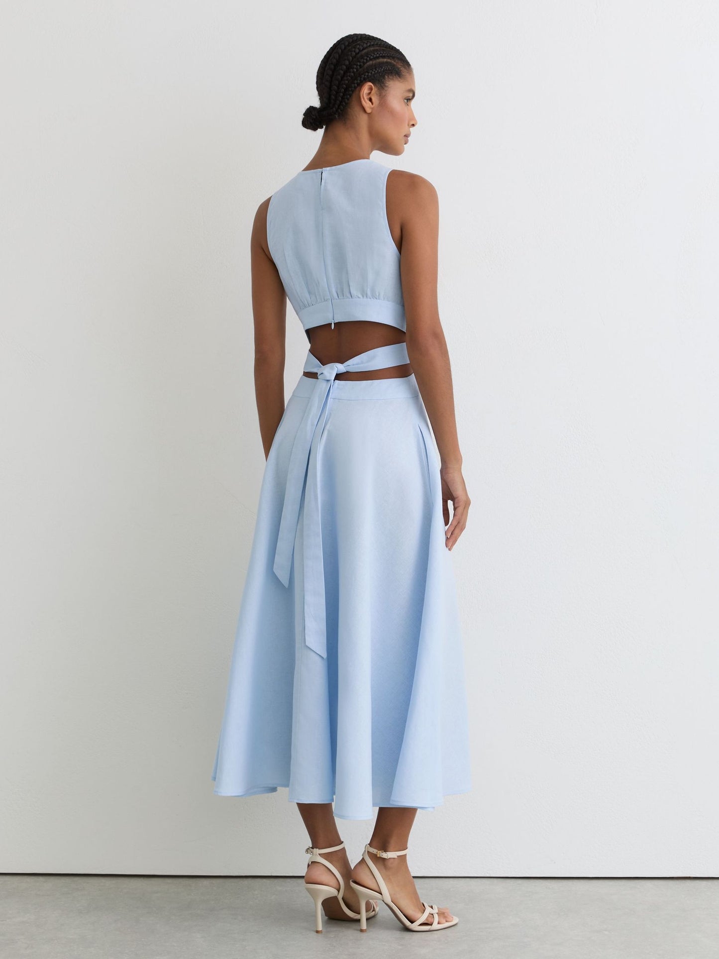 Linen-Cotton Cut-Out Midi Dress in Blue