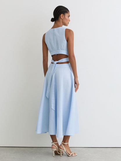 Linen-Cotton Cut-Out Midi Dress in Blue