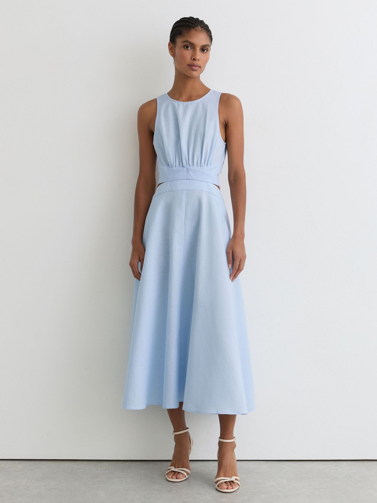 Linen-Cotton Cut-Out Midi Dress in Blue