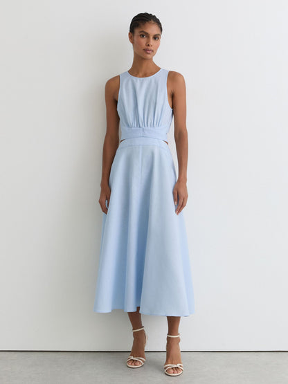 Linen-Cotton Cut-Out Midi Dress in Blue