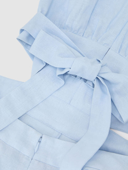 Linen-Cotton Cut-Out Midi Dress in Blue