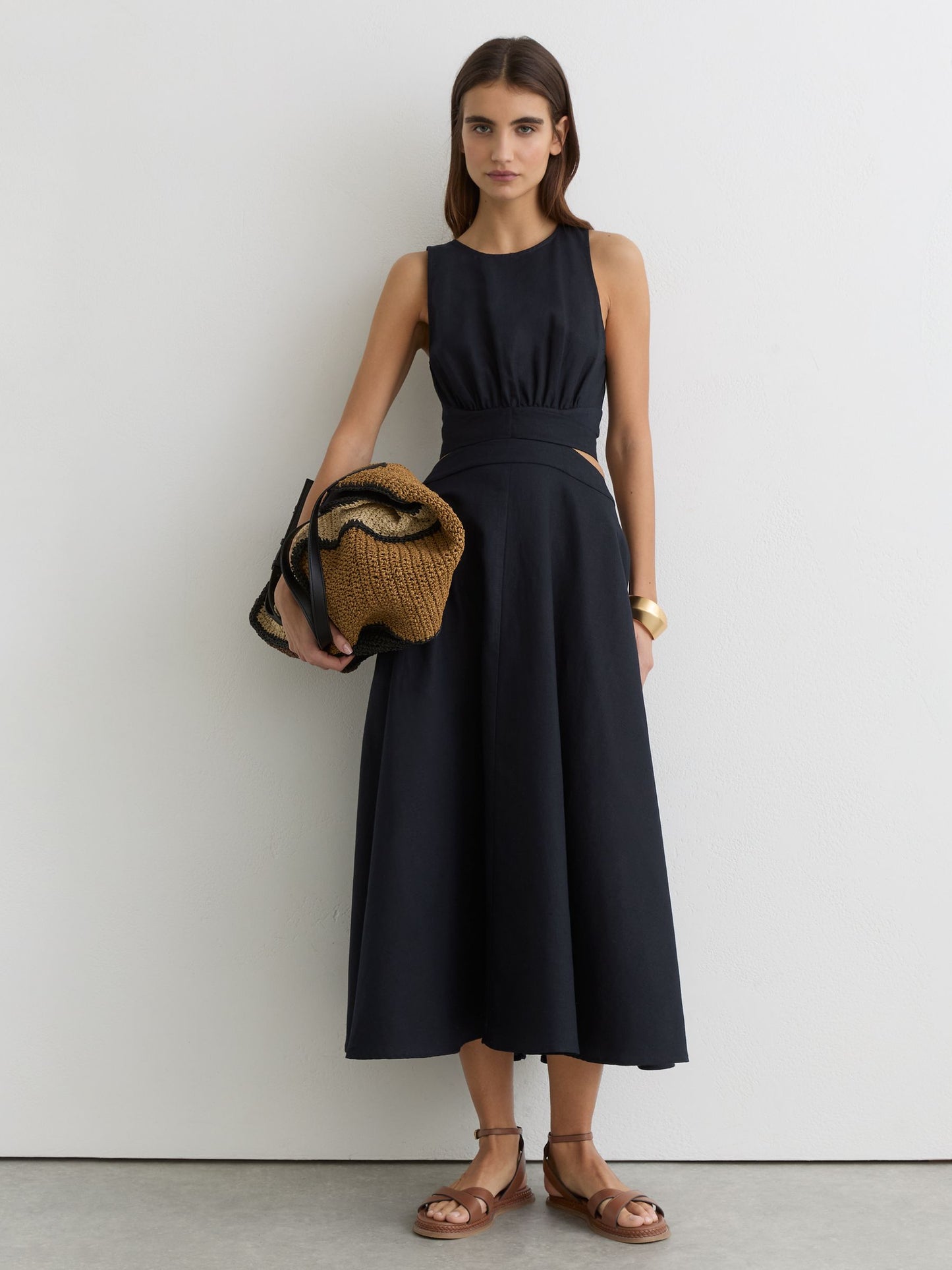 Linen-Cotton Cut-Out Midi Dress in Navy
