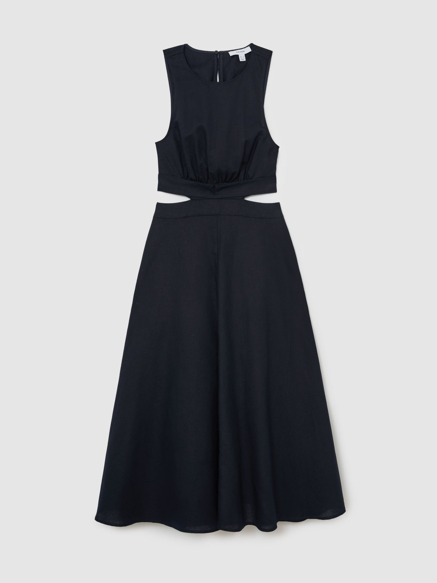 Linen-Cotton Cut-Out Midi Dress in Navy
