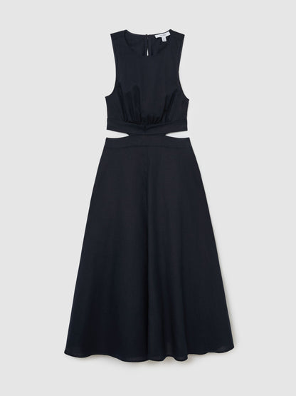 Linen-Cotton Cut-Out Midi Dress in Navy