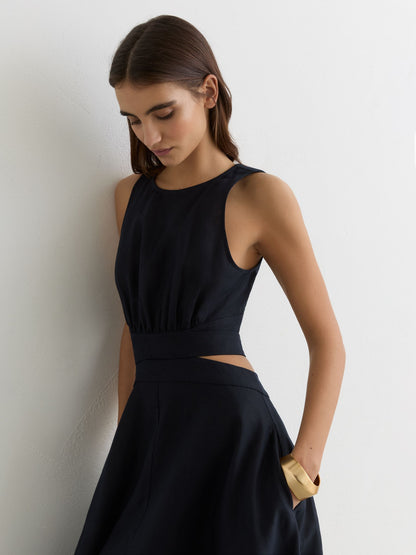 Linen-Cotton Cut-Out Midi Dress in Navy