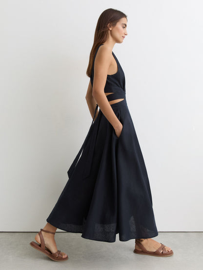 Linen-Cotton Cut-Out Midi Dress in Navy