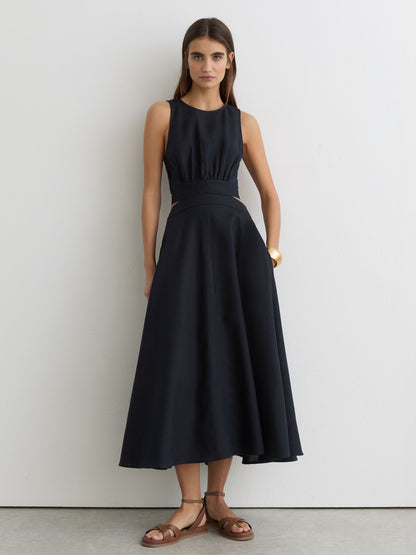 Linen-Cotton Cut-Out Midi Dress in Navy