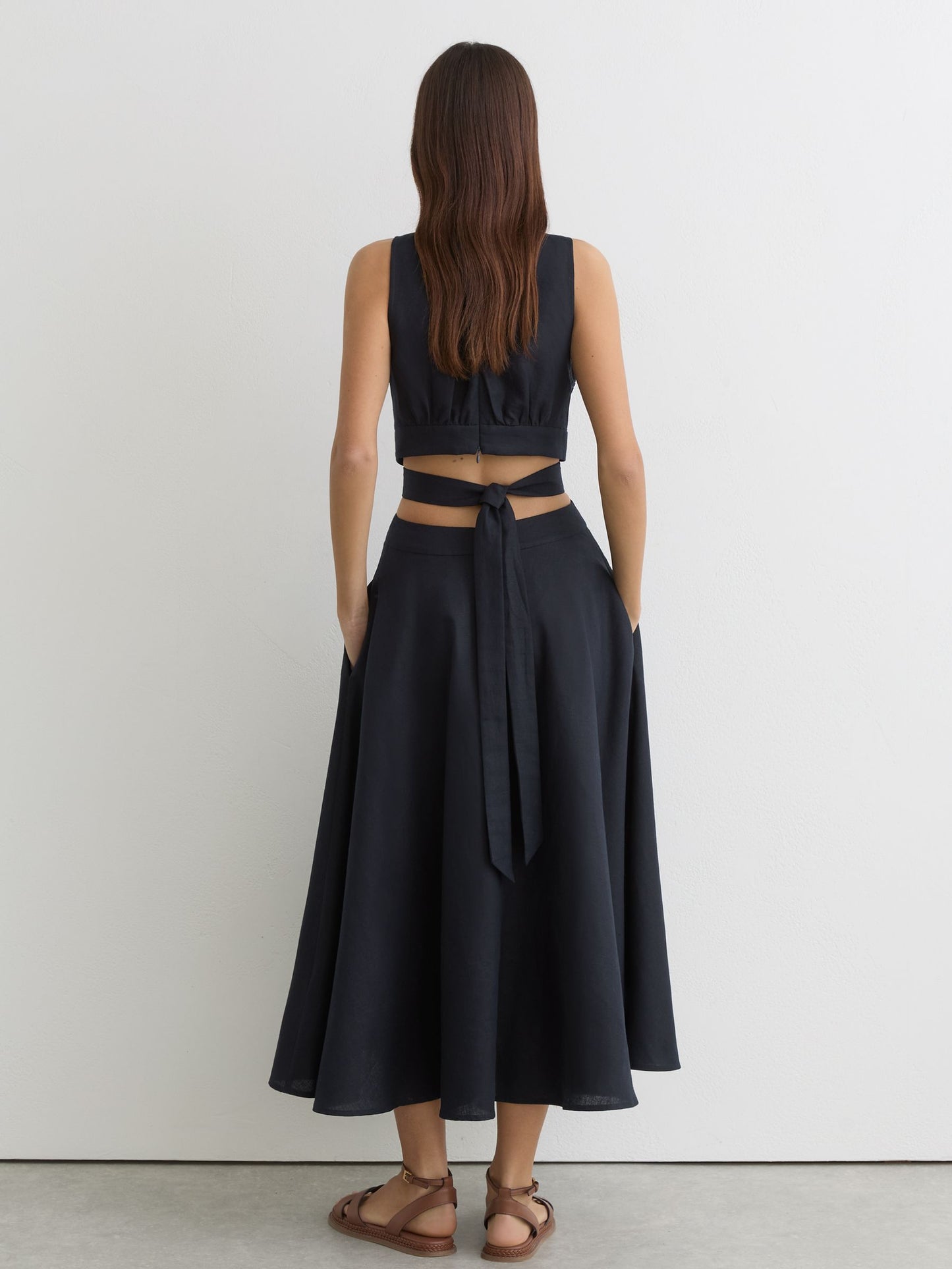 Linen-Cotton Cut-Out Midi Dress in Navy