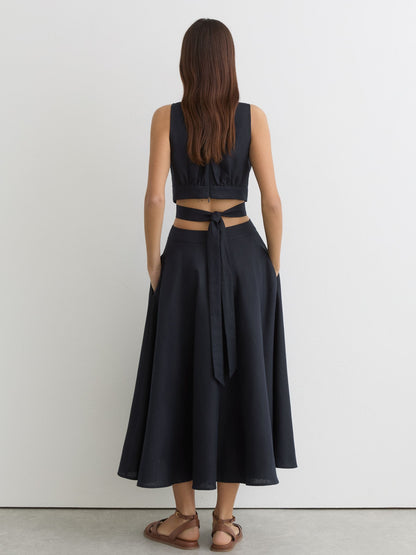 Linen-Cotton Cut-Out Midi Dress in Navy