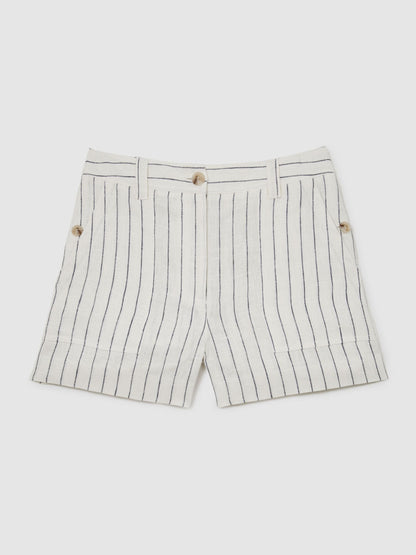 Linen Pinstripe Shorts in White/Navy