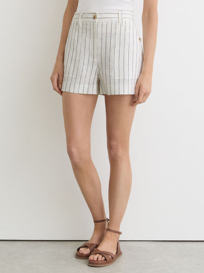 Linen Pinstripe Shorts in White/Navy
