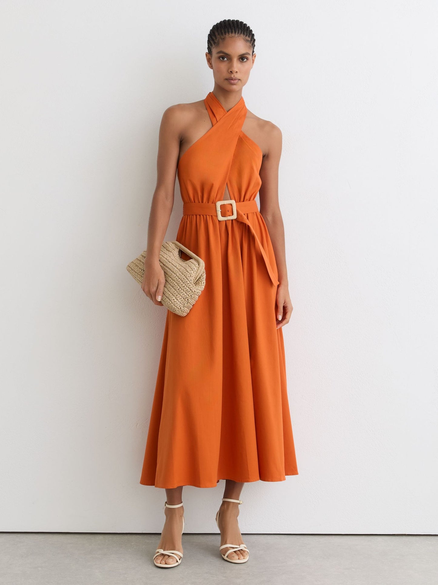 Cotton Halterneck Belted Midi Dress in Orange