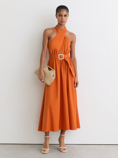 Cotton Halterneck Belted Midi Dress in Orange