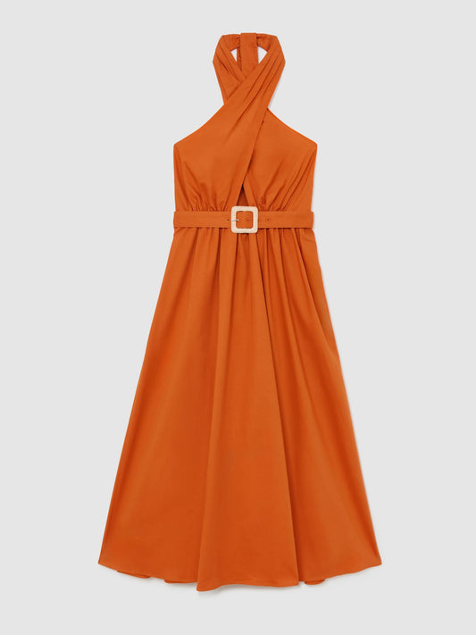 Cotton Halterneck Belted Midi Dress in Orange