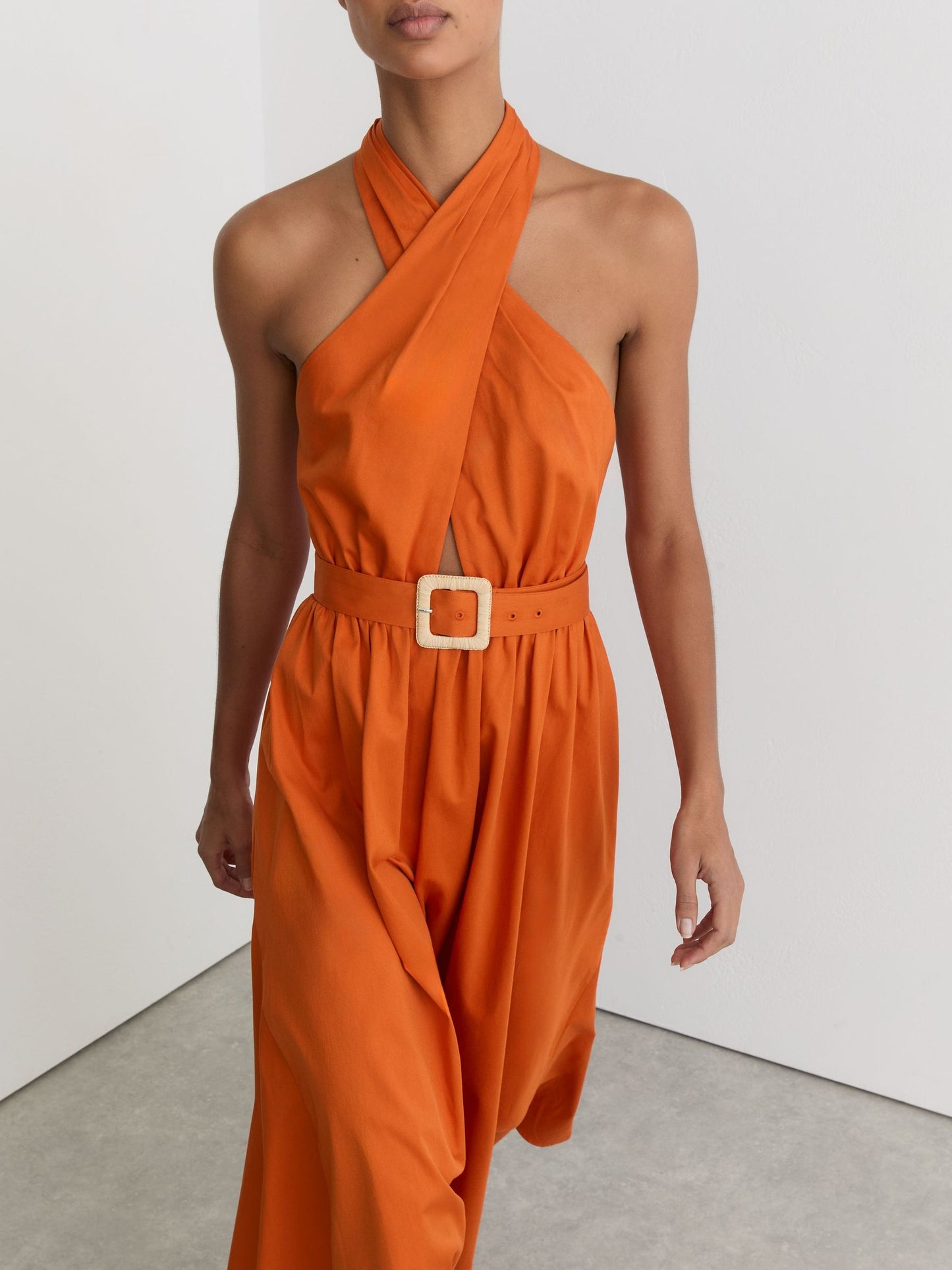 Cotton Halterneck Belted Midi Dress in Orange