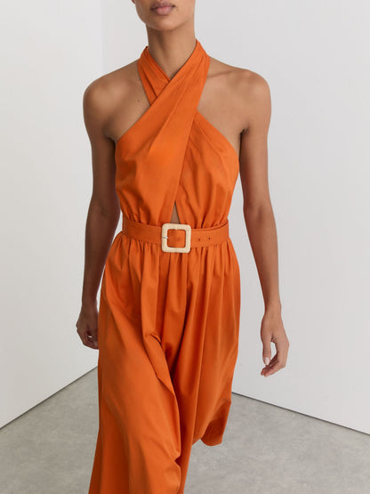 Cotton Halterneck Belted Midi Dress in Orange