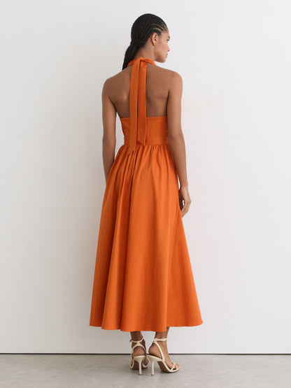 Cotton Halterneck Belted Midi Dress in Orange