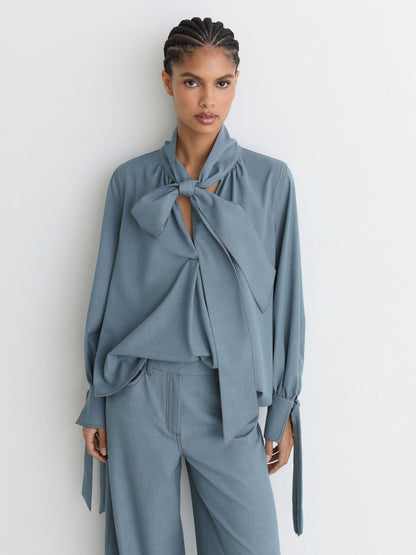 Denim-Look Tie-Neck Blouse in Light Blue