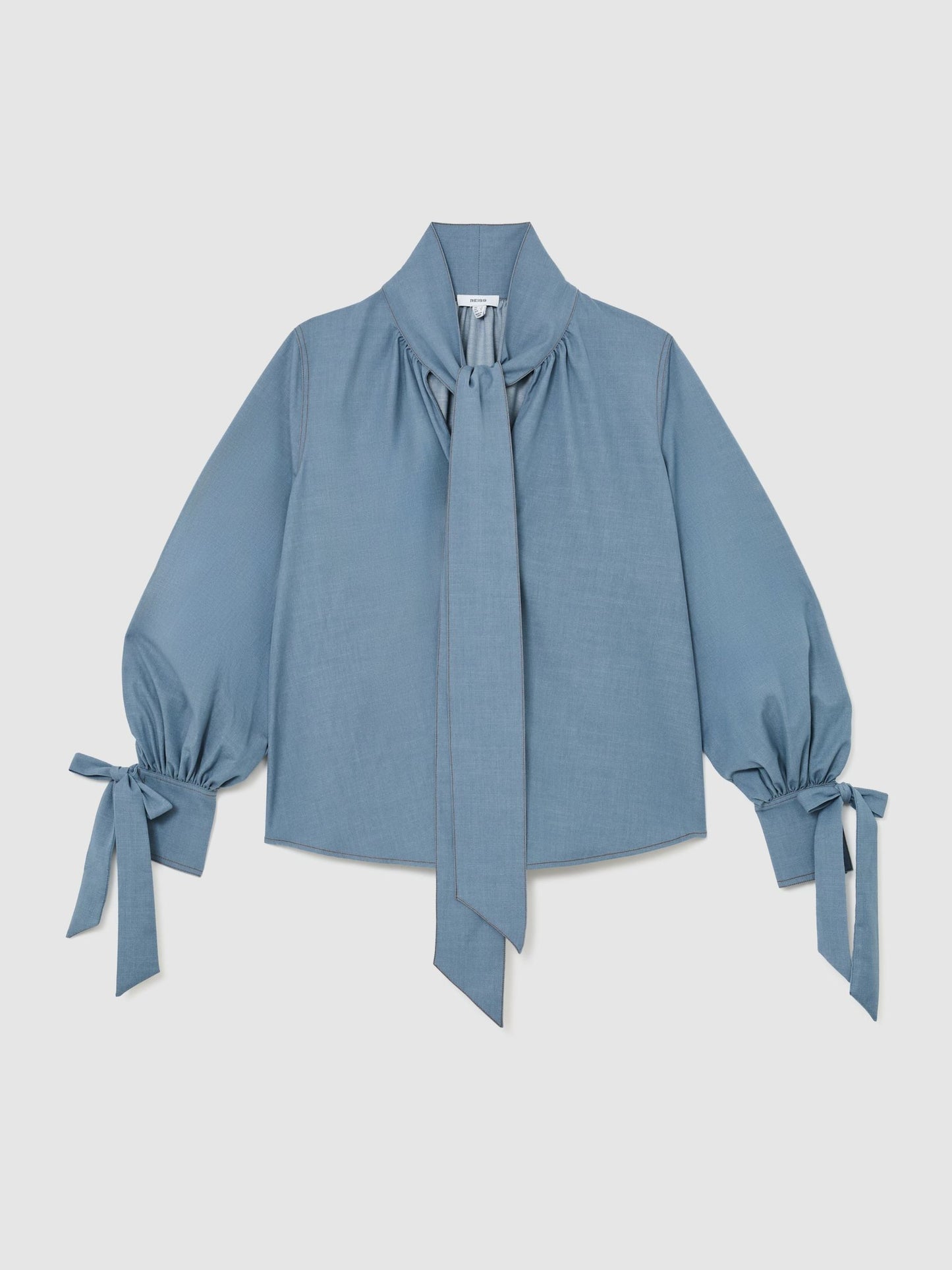 Denim-Look Tie-Neck Blouse in Light Blue