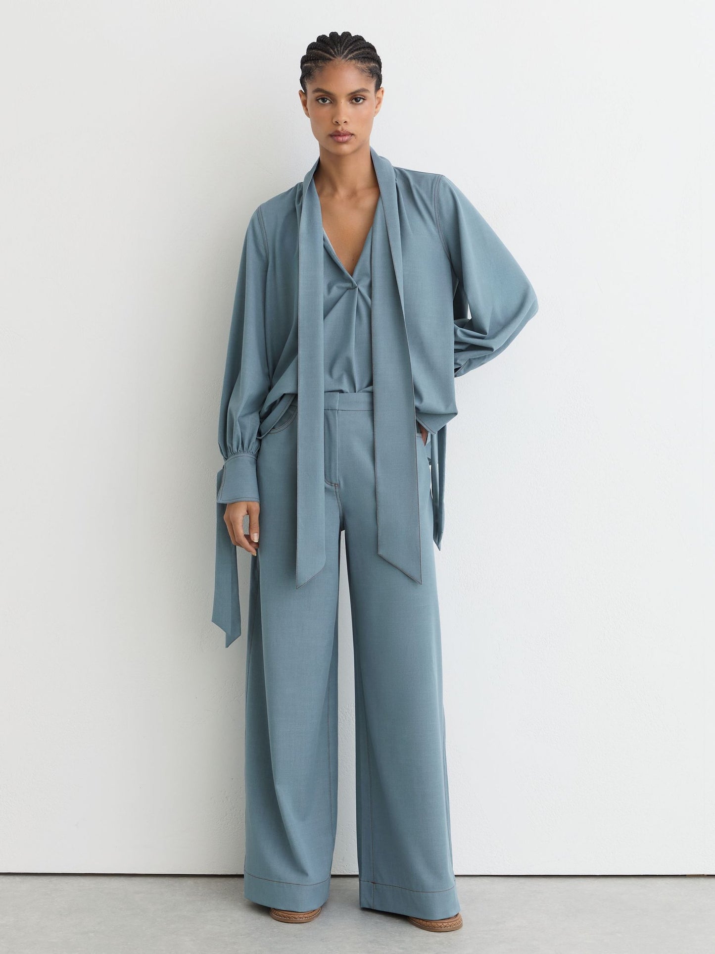 Denim-Look Tie-Neck Blouse in Light Blue