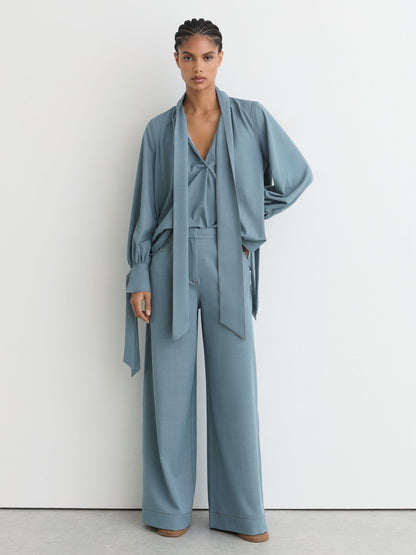 Denim-Look Tie-Neck Blouse in Light Blue