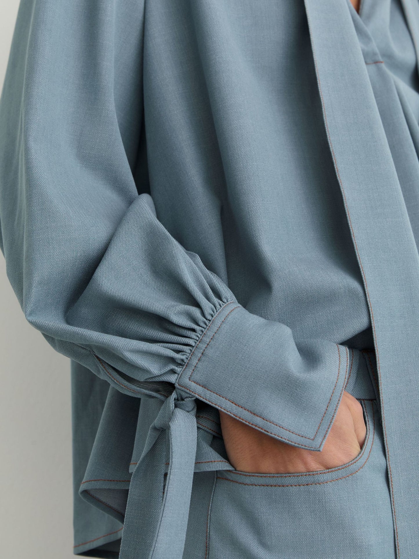Denim-Look Tie-Neck Blouse in Light Blue