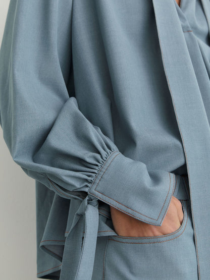 Denim-Look Tie-Neck Blouse in Light Blue