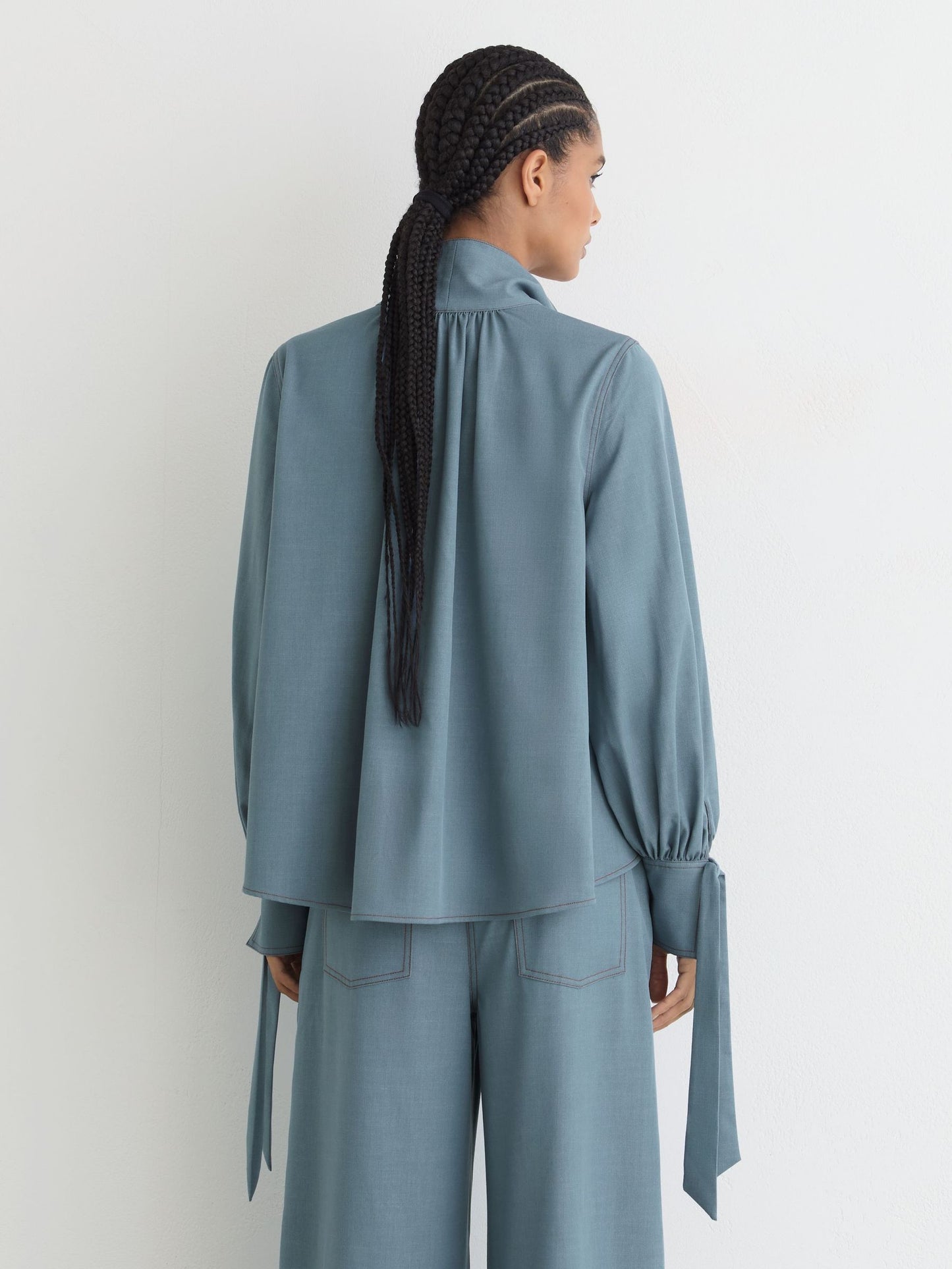 Denim-Look Tie-Neck Blouse in Light Blue