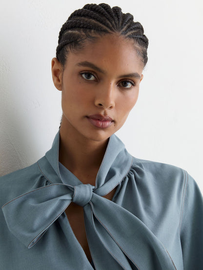 Denim-Look Tie-Neck Blouse in Light Blue