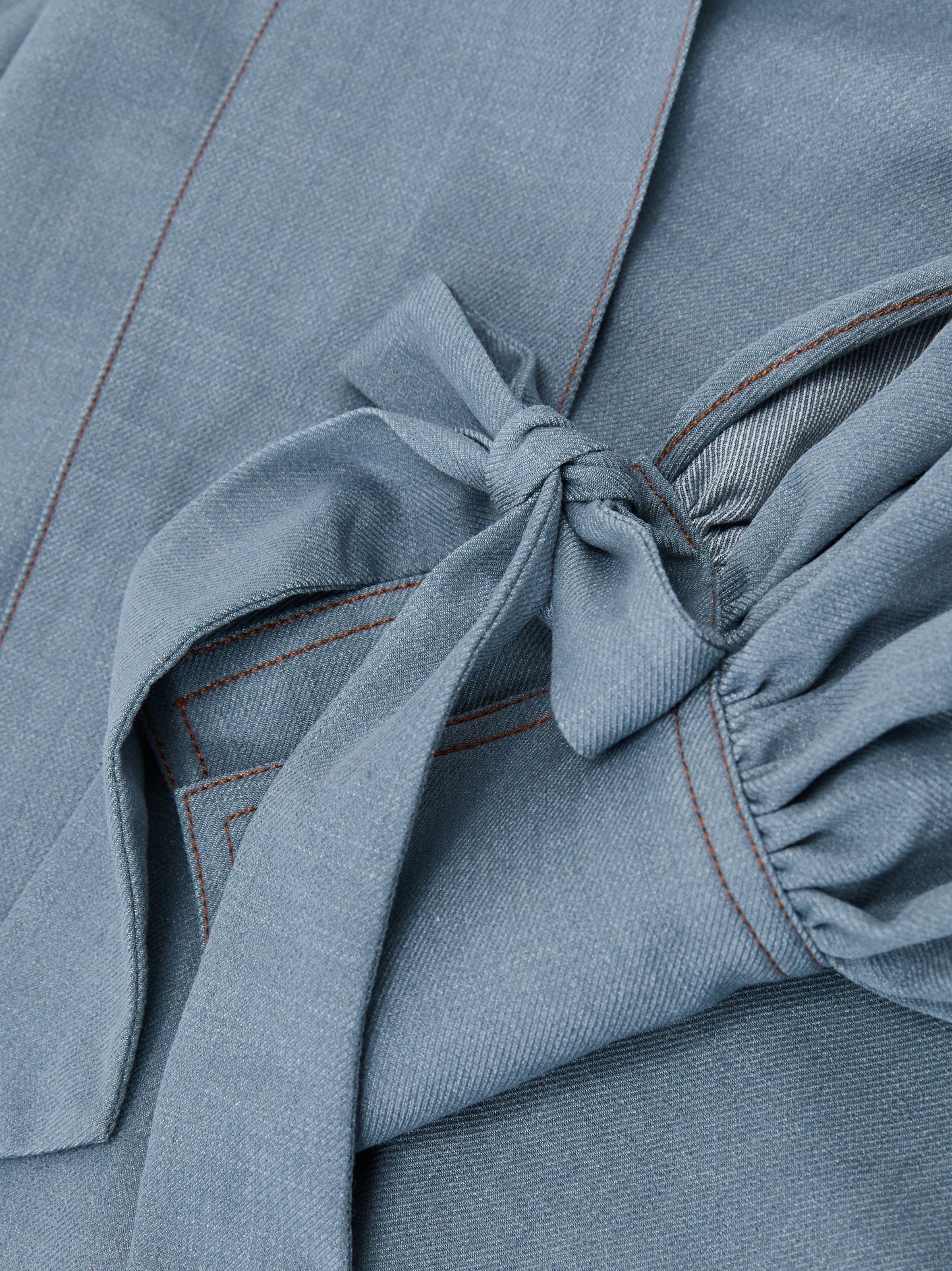 Denim-Look Tie-Neck Blouse in Light Blue